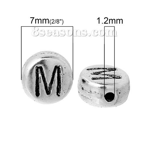 Picture of Spacer Beads Round Antique Silver Color Letter "M" Pattern Carved About 7mm Dia, Hole:Approx 1.2mm, 100 PCs