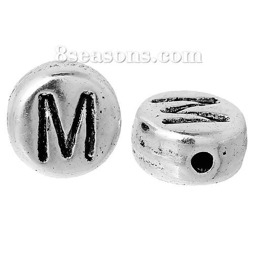 Picture of Spacer Beads Round Antique Silver Color Letter "M" Pattern Carved About 7mm Dia, Hole:Approx 1.2mm, 100 PCs
