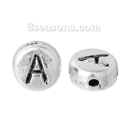 Picture of Spacer Beads Round Antique Silver Color Letter "A" Pattern Carved About 7mm Dia, Hole:Approx 1.2mm, 100 PCs