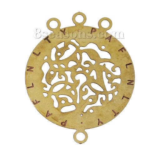 Picture of Brass Filigree Stamping Connectors Findings Round Original Color Unplated Message Carved " PAFLNLTY " Hollow 22mm( 7/8") x 18mm( 6/8"), 50 PCs                                                                                                                
