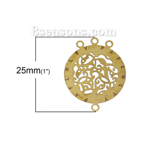 Picture of Brass Filigree Stamping Connectors Findings Round Original Color Unplated Message Carved " PAFLNLTY " Hollow 25mm(1") x 20mm( 6/8"), 30 PCs                                                                                                                   