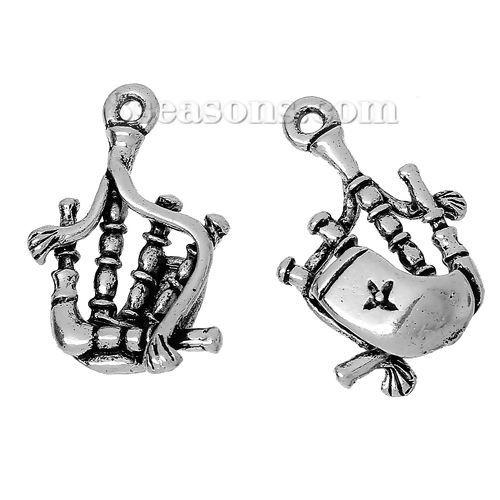 Picture of Zinc Metal Alloy Charms Musical Instrument Bagpipe Antique Silver Color 28mm(1 1/8") x 17mm( 5/8"), 30 PCs