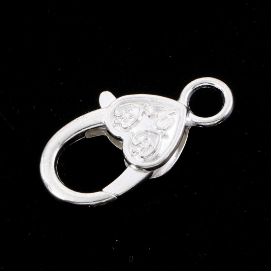 Picture of Zinc Based Alloy Lobster Clasps Heart Silver Plated 25mm x 13mm, 10 PCs