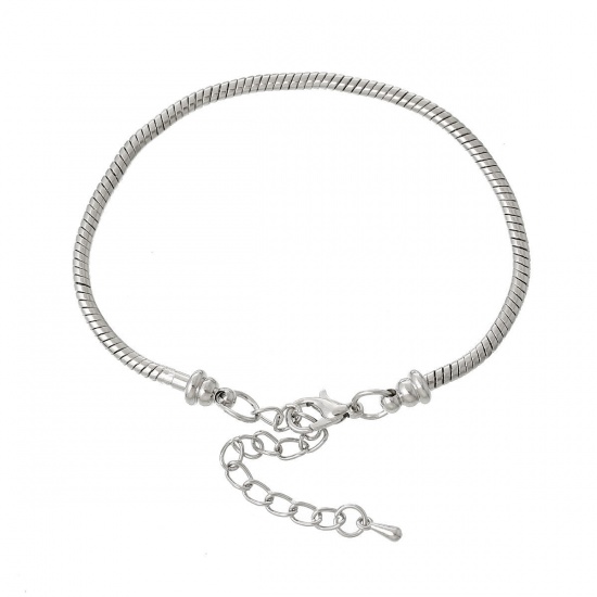 Picture of Copper European Style Snake Chain Charm Bracelets Silver Tone Can Be Screwed Off 18.5cm(7 2/8") long, 4 PCs