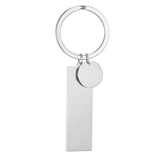 Picture of Stainless Steel Blank Stamping Tags Keychain & Keyring Silver Tone Rectangle Round Mirror Polishing 80mm, 1 Piece