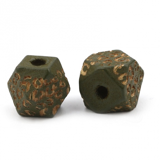 Picture of Natural Wood Spacer Beads Geometric Army Green Leopard Print Faceted About 10mm x 10mm, Hole: Approx 2.8mm, 20 PCs