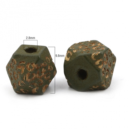 Picture of Natural Wood Spacer Beads Geometric Army Green Leopard Print Faceted About 10mm x 10mm, Hole: Approx 2.8mm, 20 PCs