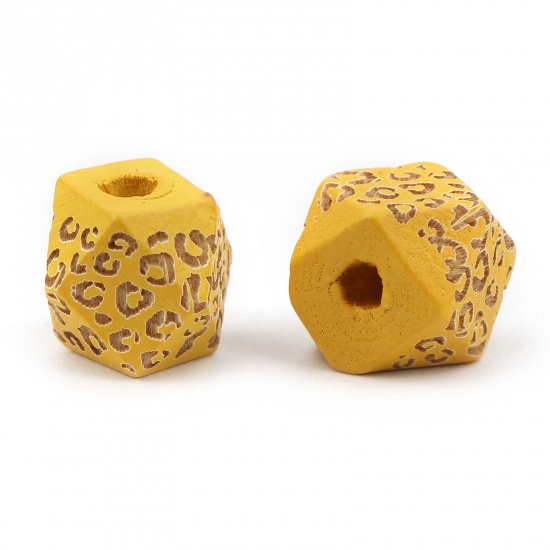 Picture of Natural Wood Spacer Beads Geometric Yellow Leopard Print Faceted About 10mm x 10mm, Hole: Approx 2.8mm, 20 PCs