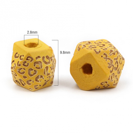 Picture of Natural Wood Spacer Beads Geometric Yellow Leopard Print Faceted About 10mm x 10mm, Hole: Approx 2.8mm, 20 PCs