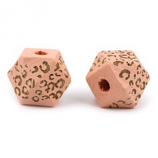 Picture of Natural Wood Spacer Beads Geometric Peach Pink Leopard Print Faceted About 10mm x 10mm, Hole: Approx 2.8mm, 20 PCs