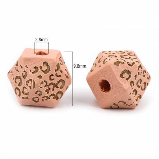 Picture of Natural Wood Spacer Beads Geometric Peach Pink Leopard Print Faceted About 10mm x 10mm, Hole: Approx 2.8mm, 20 PCs