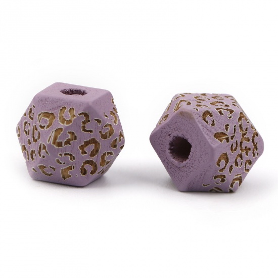 Picture of Natural Wood Spacer Beads Geometric Mauve Leopard Print Faceted About 10mm x 10mm, Hole: Approx 2.8mm, 20 PCs