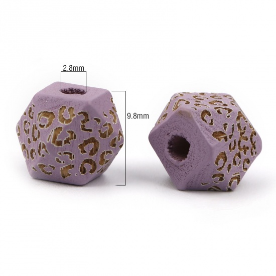 Picture of Natural Wood Spacer Beads Geometric Mauve Leopard Print Faceted About 10mm x 10mm, Hole: Approx 2.8mm, 20 PCs