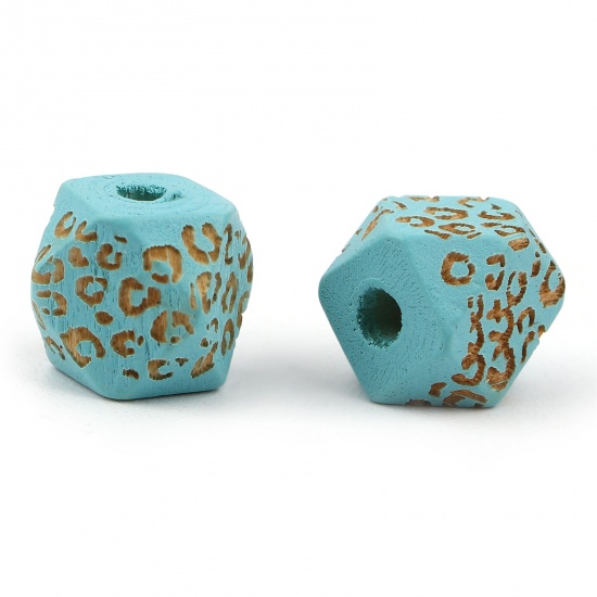 Picture of Natural Wood Spacer Beads Geometric Light Blue Leopard Print Faceted About 10mm x 10mm, Hole: Approx 2.8mm, 20 PCs