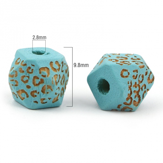 Picture of Natural Wood Spacer Beads Geometric Light Blue Leopard Print Faceted About 10mm x 10mm, Hole: Approx 2.8mm, 20 PCs