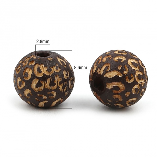 Picture of Wood Spacer Beads Round Dark Coffee Leopard Print About 10mm Dia., Hole: Approx 2.8mm, 20 PCs