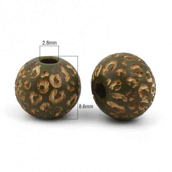 Picture of Wood Spacer Beads Round Army Green Leopard Print About 10mm Dia., Hole: Approx 2.8mm, 20 PCs