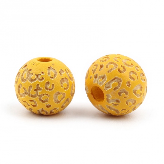 Picture of Wood Spacer Beads Round Yellow Leopard Print About 10mm Dia., Hole: Approx 2.8mm, 20 PCs