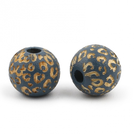 Picture of Wood Spacer Beads Round Blue Leopard Print About 10mm Dia., Hole: Approx 2.8mm, 20 PCs