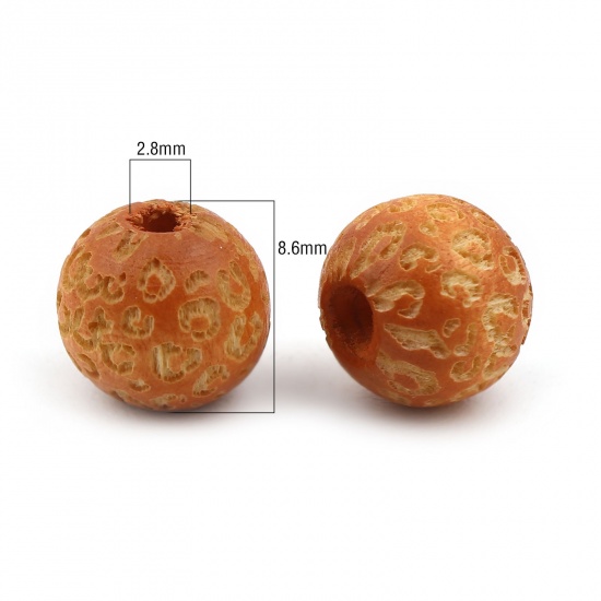 Picture of Wood Spacer Beads Round Dark Orange Leopard Print About 10mm Dia., Hole: Approx 2.8mm, 20 PCs