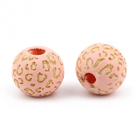 Picture of Wood Spacer Beads Round Peach Pink Leopard Print About 10mm Dia., Hole: Approx 2.8mm, 20 PCs