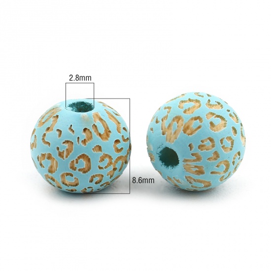 Picture of Wood Spacer Beads Round Light Blue Leopard Print About 10mm Dia., Hole: Approx 2.8mm, 20 PCs