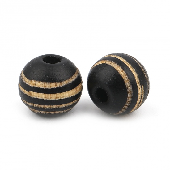 Picture of Wood Spacer Beads Round Black Stripe About 10mm Dia., Hole: Approx 2.8mm, 20 PCs