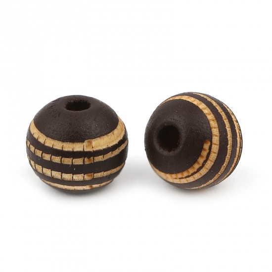 Picture of Wood Spacer Beads Round Dark Coffee Stripe About 10mm Dia., Hole: Approx 2.8mm, 20 PCs