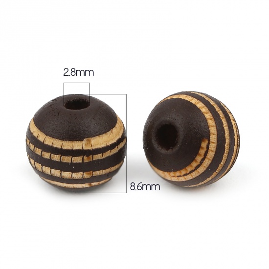 Picture of Wood Spacer Beads Round Dark Coffee Stripe About 10mm Dia., Hole: Approx 2.8mm, 20 PCs