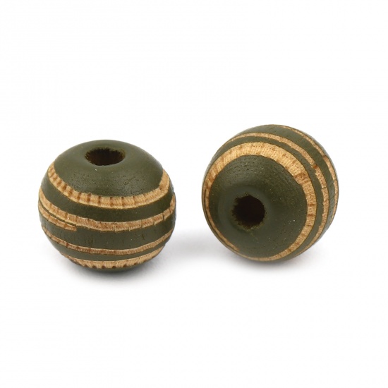 Picture of Wood Spacer Beads Round Army Green Stripe About 10mm Dia., Hole: Approx 2.8mm, 20 PCs