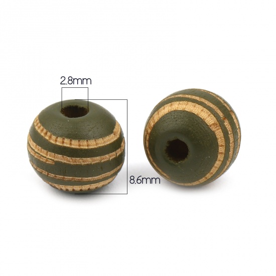 Picture of Wood Spacer Beads Round Army Green Stripe About 10mm Dia., Hole: Approx 2.8mm, 20 PCs