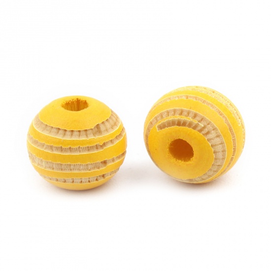 Picture of Wood Spacer Beads Round Yellow Stripe About 10mm Dia., Hole: Approx 2.8mm, 20 PCs