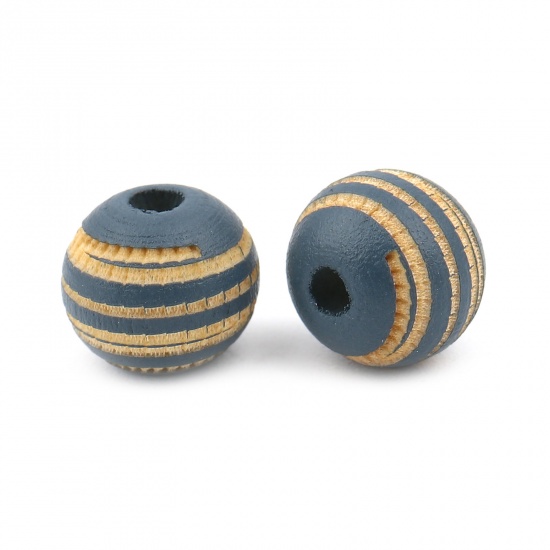 Picture of Wood Spacer Beads Round Blue Stripe About 10mm Dia., Hole: Approx 2.8mm, 20 PCs