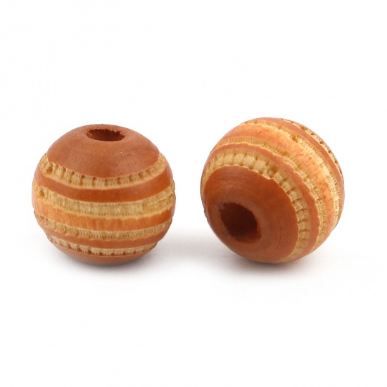 Picture of Wood Spacer Beads Round Dark Orange Stripe About 10mm Dia., Hole: Approx 2.8mm, 20 PCs