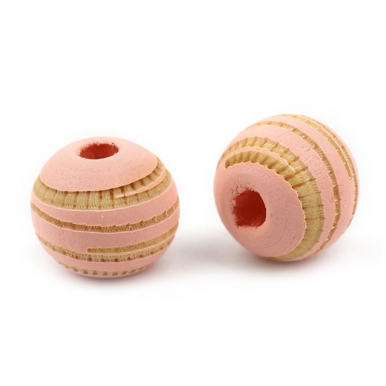Picture of Wood Spacer Beads Round Peach Pink Stripe About 10mm Dia., Hole: Approx 2.8mm, 20 PCs