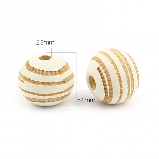 Picture of Wood Spacer Beads Round Creamy-White Stripe About 10mm Dia., Hole: Approx 2.8mm, 20 PCs