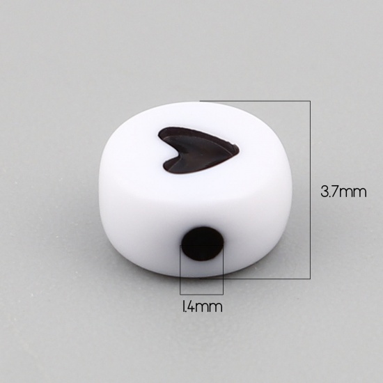 Picture of Acrylic Beads Flat Round Black & White Heart Pattern About 7mm Dia., Hole: Approx 1.4mm, 1000 PCs