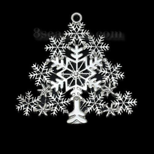 Imagen de Colgantes Aleación + Brillantito de Árbol de Navidad , Argentado Copo de Nieve Navidad Patrón Transparente Diamantes de imitación Hueco 8cmx 7.7cm, 1 Unidad