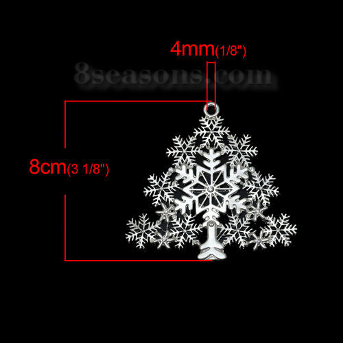 Picture of Zinc Metal Alloy Pendants Christmas Tree Snowflake Silver Plated Clear Rhinestone Hollow 8cm(3 1/8") x 7.7cm(3"), 1 Piece