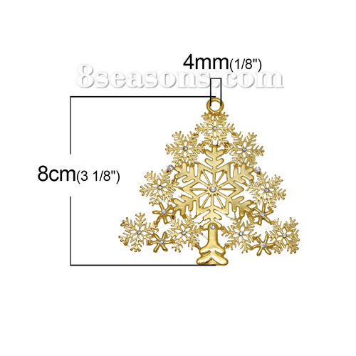Picture of Zinc Metal Alloy Pendants Christmas Tree Snowflake Gold Plated Clear Rhinestone Hollow 8cm(3 1/8") x 7.7cm(3"), 1 Piece