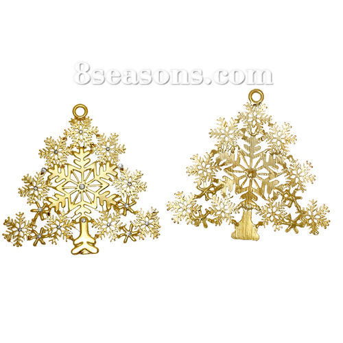 Picture of Zinc Metal Alloy Pendants Christmas Tree Snowflake Gold Plated Clear Rhinestone Hollow 8cm(3 1/8") x 7.7cm(3"), 1 Piece
