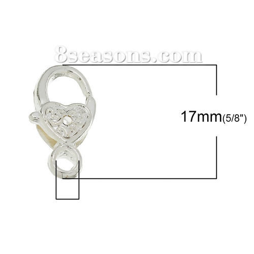 Picture of Zinc Based Alloy Lobster Clasps Heart Silver Plated 17mm x 9mm, 30 PCs