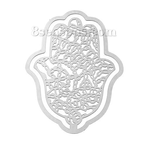 Bild von 304 Edelstahl Filigran Verbinder Verzierung Hamsa Symbol Hand Silberfarben 55mm x 40mm, 10 Stück