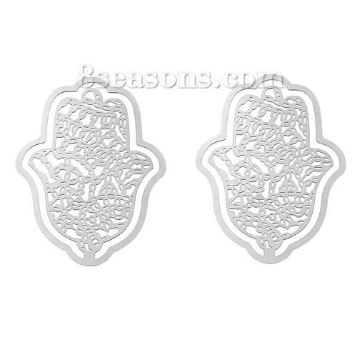Bild von 304 Edelstahl Filigran Verbinder Verzierung Hamsa Symbol Hand Silberfarben 55mm x 40mm, 10 Stück
