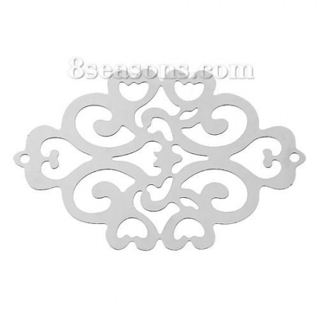 304 Stainless Steel Filigree Stamping Connectors Findings Rhombus Silver Tone Heart Pattern Hollow 49mm(1 7/8") x 33mm(1 2/8"), 10 PCs