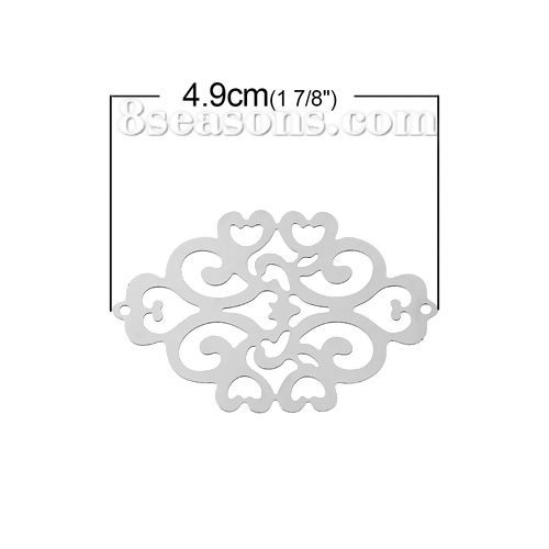 Picture of 304 Stainless Steel Filigree Stamping Connectors Findings Rhombus Silver Tone Heart Pattern Hollow 49mm(1 7/8") x 33mm(1 2/8"), 10 PCs