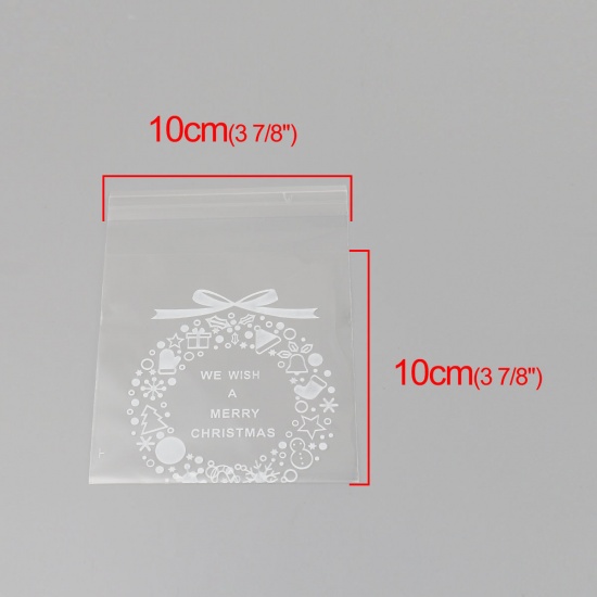 Picture of Plastic Food Safe Candy Cookie Bags White Christmas Garland Pattern Transparent (Usable Space: 10x10cm) 13.2cm(5 2/8") x 10cm(3 7/8"), 1 Packet(Approx 100 PCs/Packet)