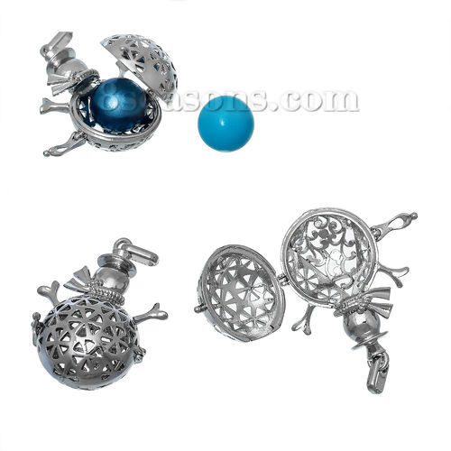 Picture of Copper Mexican Angel Caller Bola Harmony Ball Wish Box Pendants Christmas Snowman Silver Tone Hollow Can Open (Fit Bead Size: 18mm) 45mm(1 6/8") x 33mm(1 2/8"), 1 Piece