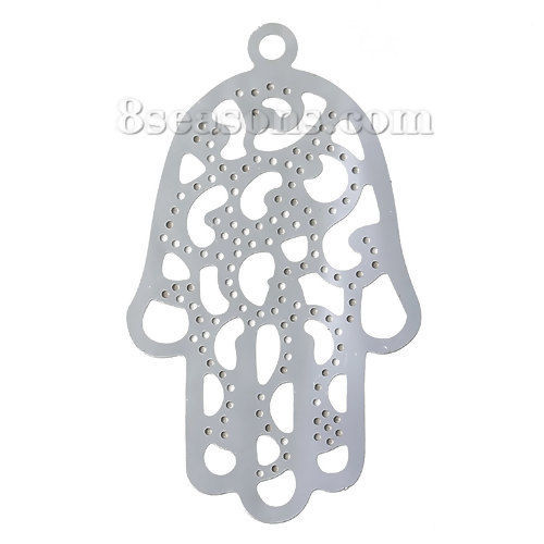 Image de Pendentifs Estampe en Filigrane Creux en 304 Acier Inoxydable Paume Argent Mat 48mm x 28mm, 2 Pcs