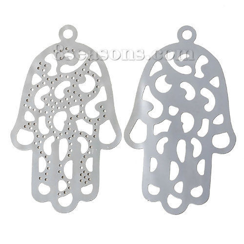Image de Pendentifs Estampe en Filigrane Creux en 304 Acier Inoxydable Paume Argent Mat 48mm x 28mm, 2 Pcs